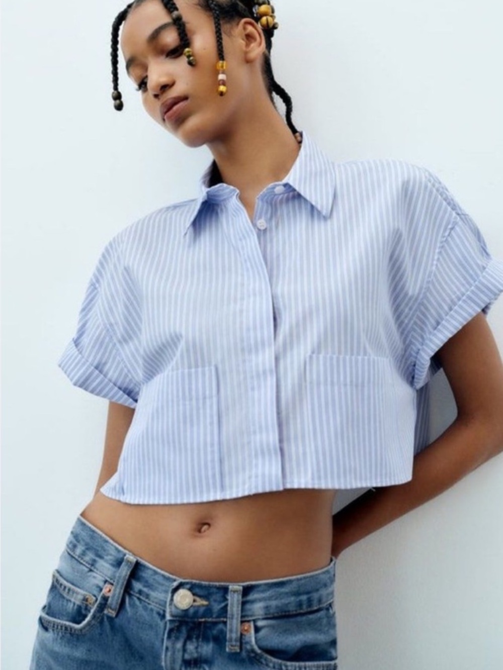 ZARA Pin Stripe Cropped Short Sleeve Oxford Shirt Size S